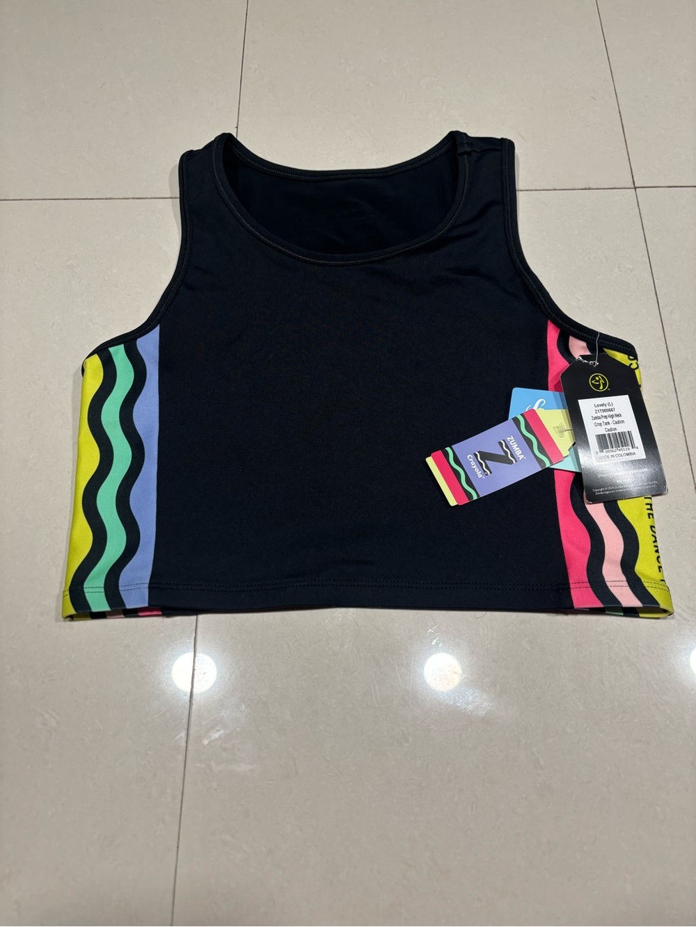 Zumba Fitness Black Cropped Tank with Neon Wave Side Panels